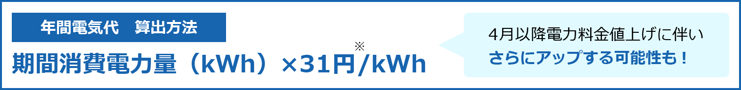 【年間電気代　算出方法】期間消費電力量（kWh）×31円/kWh※。4月以降電力料金値上げに伴いさらにアップする可能性も!